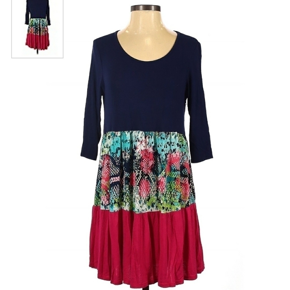 Voll Tunic Top Dress Womens Small S Pink Navy Color Block 3/4 Sleeve Snake Skin